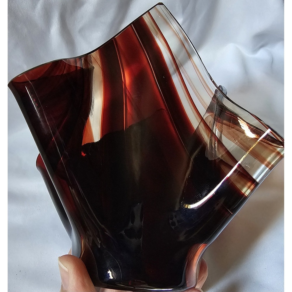 Tony Serveinte Glass Blown Folded Handkerchief Swirl Vase Signed Brown/Clear - Picture 4 of 15